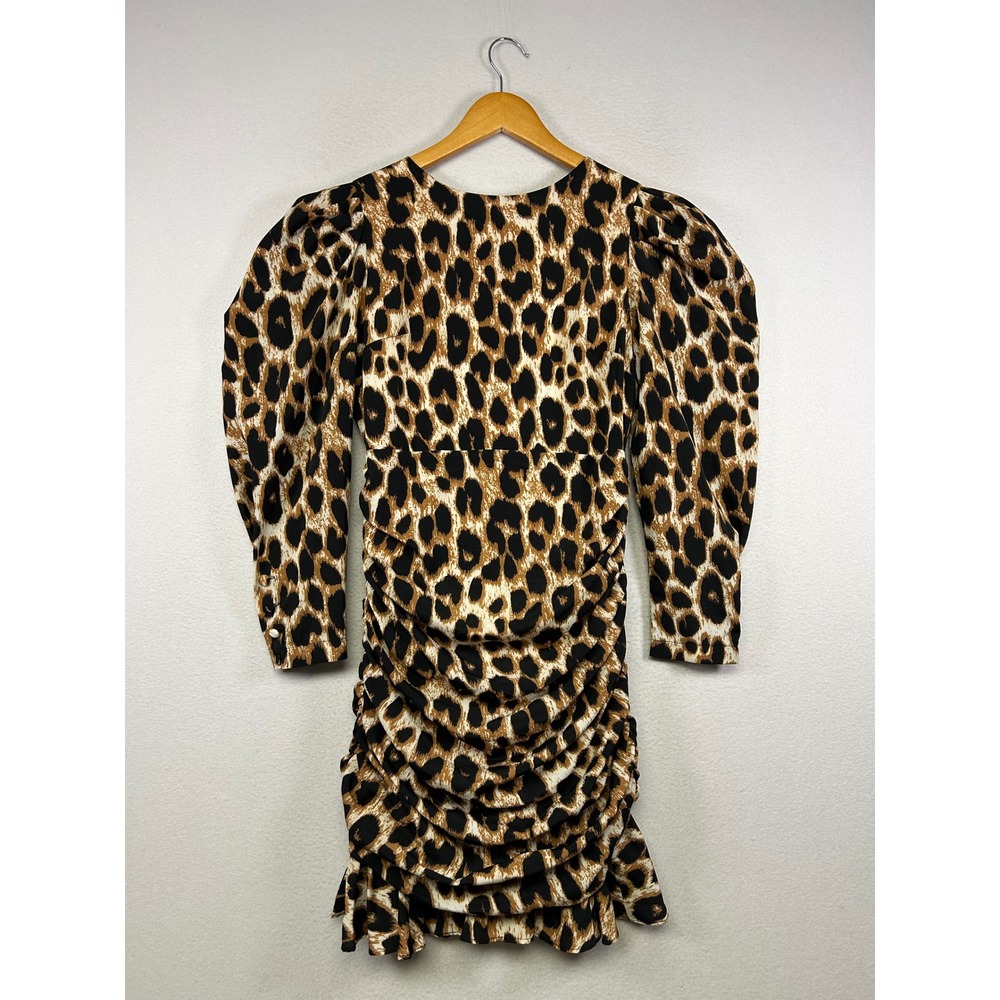 Mob Wife Glam Gracia Women Small Brown Leopard Ruched Puff Sleeve Mini Dress